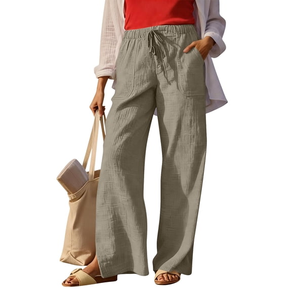 BRGZLK Pants For Women Summer High Waisted Casual Breathable Pocket Pants Beach Vacation Drawstring Wide Leg Linen Pant Spring Loose Flowy Cruise Clothes