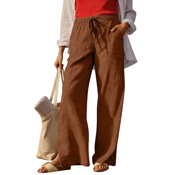 BRGZLK Pants For Women Summer High Waisted Casual Breathable Pocket Pants Beach Vacation Drawstring Wide Leg Linen Pant Spring Loose Flowy Cruise Clothes