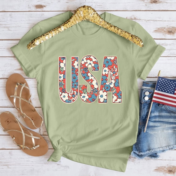 BRGZLK Party In The USA T-Shirt Women Fashion Independence Day Letter Printed Tees Loose Short Sleeved Round Neck Top Green S