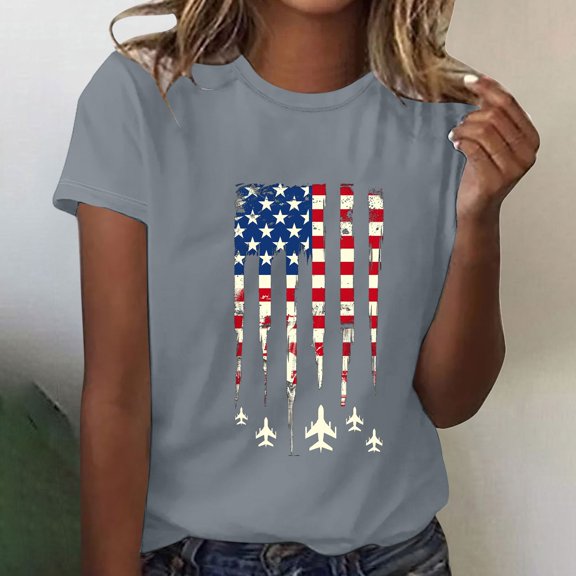 BRGZLK Patriontic American Shirt For Women's Vintage Independence Day Flag Printed Blouse Loose Casual Round Neck Short Sleeved Top Gray L