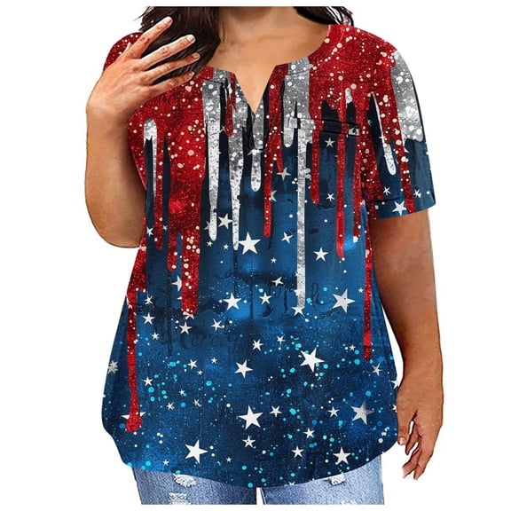BRGZLK Plus Size Independence Day T-Shirts For Women Trendy Independence Day Flag Printed Tee Loose Casual V Neck Short Sleeve Tops Blue XXXL