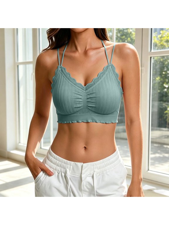 Plus Size Push Up Bra for Women Trendy Solid Color Lace Trim Crisscross Halter Camisole V-Neck Beautiful Back Underwear Mint Green Free Size