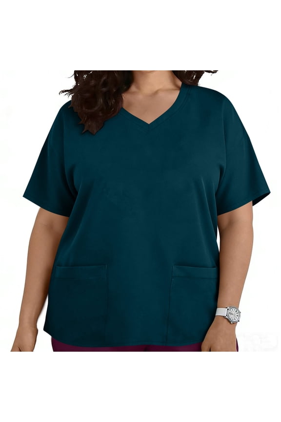 Plus Size Scrubs for Women Solid Color V Neck Short Sleeve Pullover Tops Breathable Nursing Shirts with Pockets Navy XXL