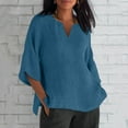thumbnail image 1 of BRGZLK Plus Size Shirts For Womens Fashion Solid Cotton Linen Loose Blouse Summer V Neck Leisure 3/4 Sleeve Tops Blue XXXXXL, 1 of 5