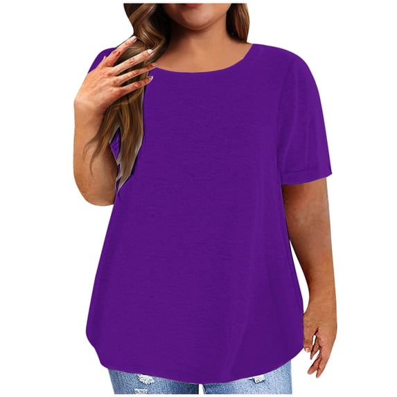 BRGZLK Plus Size T Shirts for Women Solid Color Round Neck Short Sleeve Top Shirt Loose Cozy Breathable Summer Basic Tees Purple XXXL