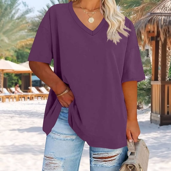 BRGZLK Plus Size Tops for Women Solid Color V Neck Short Sleeve T Shirts Trendy Caual Loose Fit Pullover Basic Tees Purple 5XL