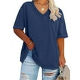 thumbnail image 1 of BRGZLK Plus Size V-Neck T Shirt for Womens Solid Color Summer Basic Tee Soft Comfort Stretch Loose Fit T-Shirt Navy S, 1 of 3