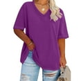 thumbnail image 1 of BRGZLK Plus Size V-Neck T Shirt for Womens Solid Color Summer Basic Tee Soft Comfort Stretch Loose Fit T-Shirt Purple L, 1 of 3