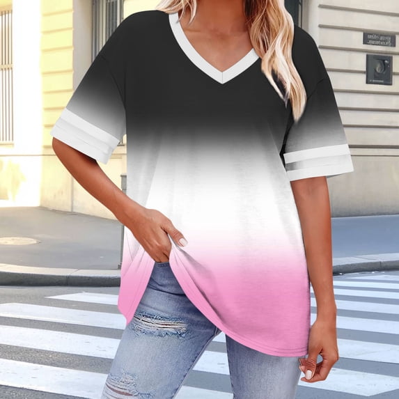 BRGZLK Plus Size Women Tops Summer Ombre V Neck Short Sleeve Stripe Tees Trendy 2026 Casual Loose Fit Basic Pollover T-Shirt White 4XL