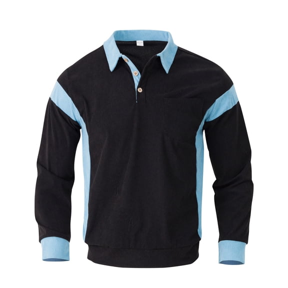BRGZLK Polo Shirts for Men Solid Color Patchwork Corduroy Turn Down Collar Button Long Sleeve Business Work Top with Pocket Black M