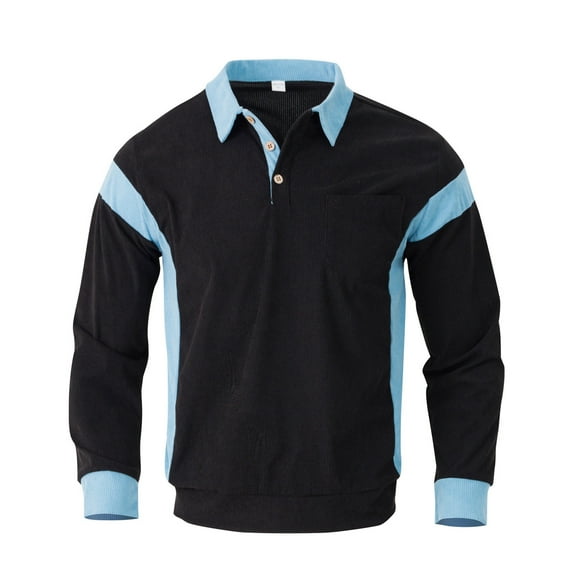 BRGZLK Polo Shirts for Men Solid Color Patchwork Corduroy Turn Down Collar Button Long Sleeve Business Work Top with Pocket Black S