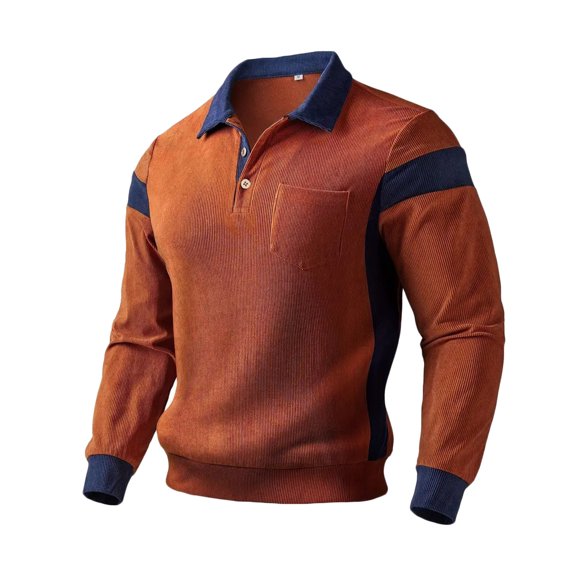 BRGZLK Polo Shirts for Men Solid Color Patchwork Corduroy Turn Down Collar Button Long Sleeve Business Work Top with Pocket Brown XL