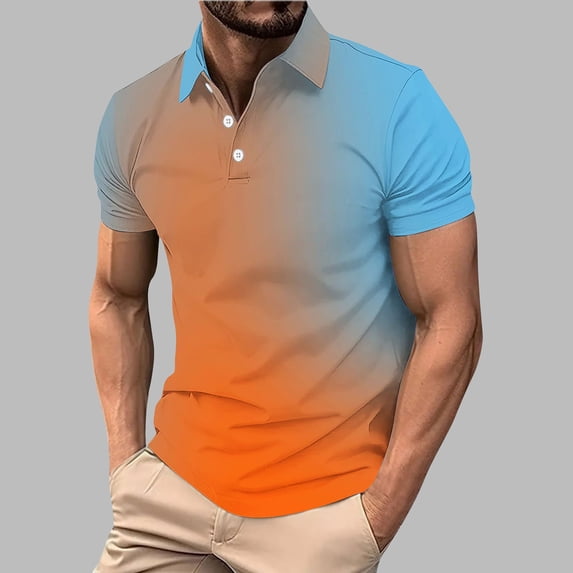 BRGZLK Polo Shirts for Men Summer Trendy Ombre Short Sleeve Collared Button Golf Shirts Lightweight Breathable Slim Fit Basic Workout Tops Orange L