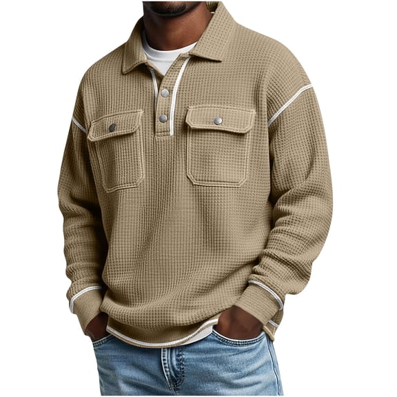 BRGZLK Polo Shirts for Men Trendy Casual Solid Color Waffle Long Sleeve Turn Down Collar Top Shirt Textured Knit Tops with Pocket Beige XXL