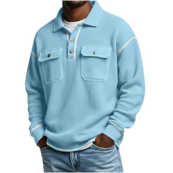 BRGZLK Polo Shirts for Men Trendy Casual Solid Color Waffle Long Sleeve Turn Down Collar Top Shirt Textured Knit Tops with Pocket Light Blue S