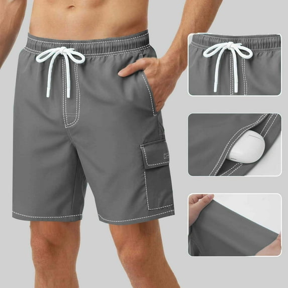 BRGZLK Quick Dry Mens Swim Trunks with Compression Liner Fashion Lightweight Comfortable Bathing Suits Drawstring Elastic Waist Shorts Summer Essential Gear Gray M