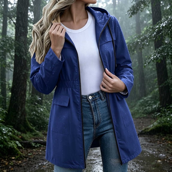 BRGZLK Rain Coats for Women Trendy Zip Up Solid Color Long Sleeve Hooded Lightweight Long Waterproof Jackets Elastic Waist Casual Outdoor Hiking Raincoats Blue L