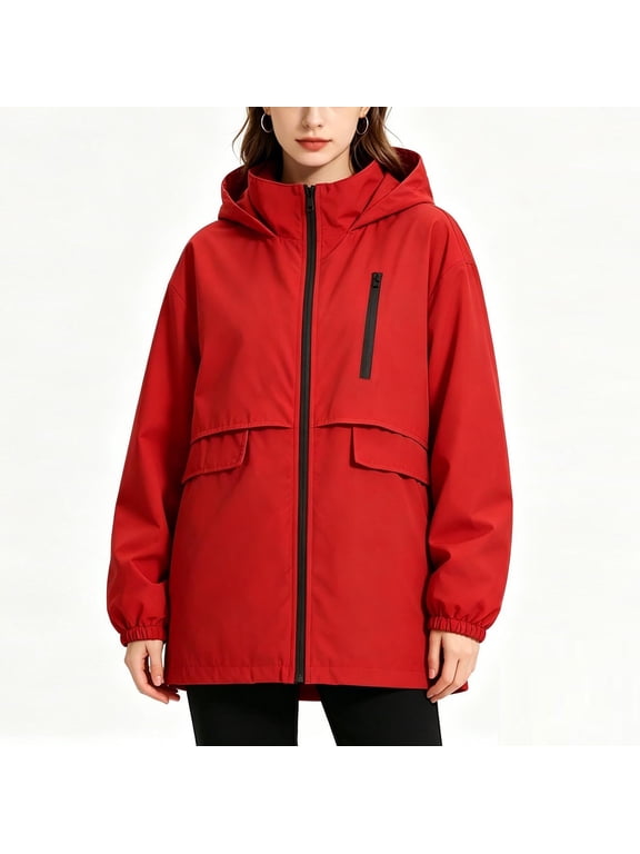 Rain Jacket for Women Long Sleeve Solid Color Hooded Waterproof Raincoats Lightweight Windbreakers with Zipper Pockets Outdoor Hiking Travel Running Red S