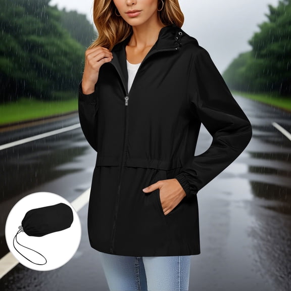 BRGZLK Rainproof Jacket For Women Waterproof Lightweight Zipper Coat Long Sleeve Hooded Jacket Windbreaker Raincoat with Pocket Includes Storage Bag Black XL
