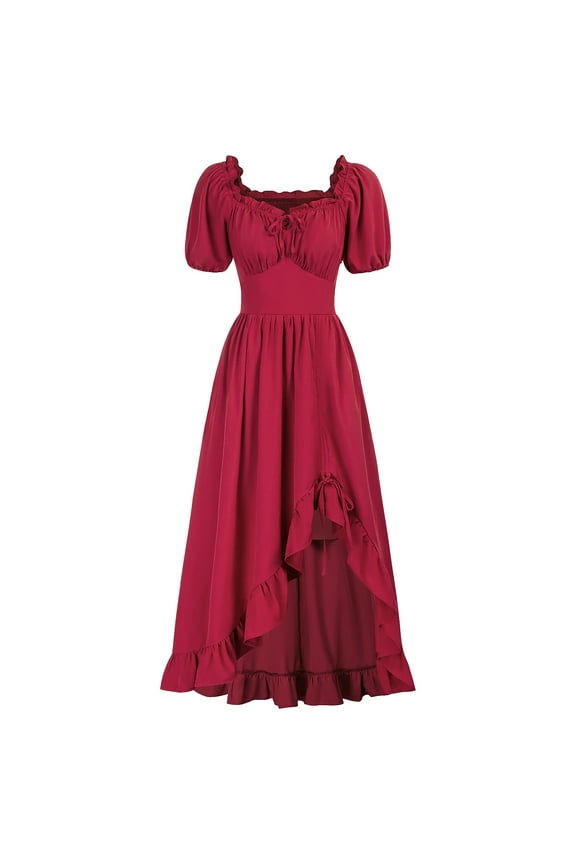 Renaissance Costume Women Medieval Dress Solid Color Retro Palace Style Drawstring Ruffle Edge Dress Short Sleeve Square Neck Dress Red L