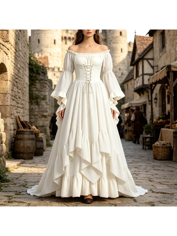 Renaissance Medieval Dress for Women Victorian Gothic Off Shoulder Lace Up Waist Bell Sleeve Maxi Long Dresses Halloween Stage Costume, Women Outfits White M