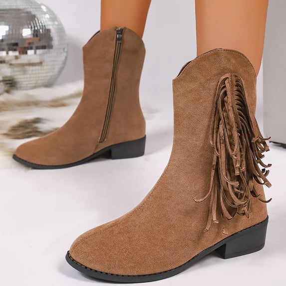 BRGZLK Retro Fringe Mid-Calf Boots for Women Autumn Winter Solid Color Warm Faux Suede Chunky Heel Side Zipper Cozy Footwear Fashion Casual Shoes Brown 39
