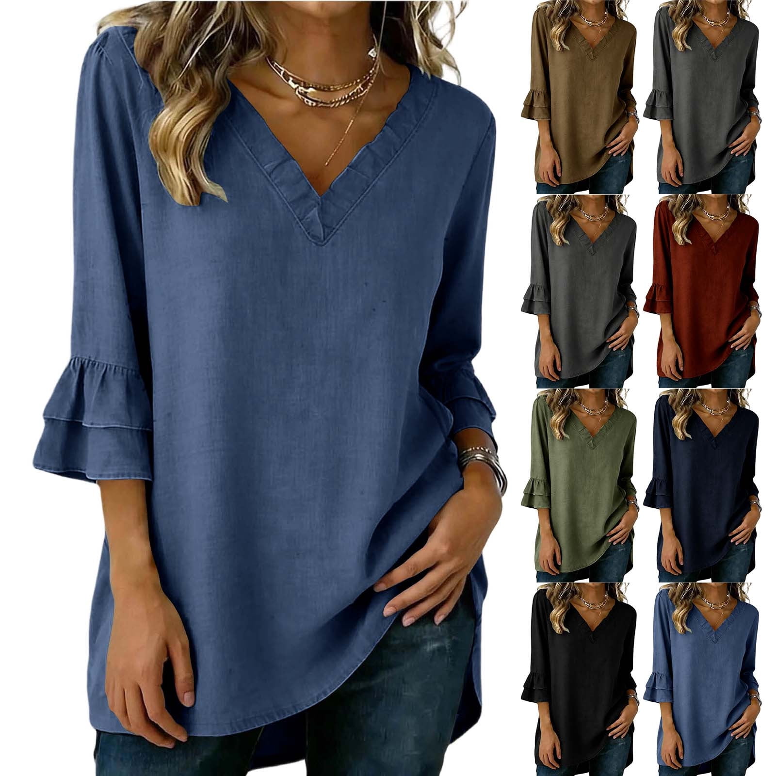 BRGZLK Ruffle 3/4 Sleeve Shirts For Women Loose Fit V Neck Tunic Tops ...
