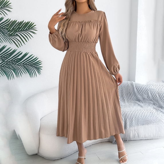 BRGZLK Ruffle Maxi Dress for Women Casual Fashion Solid Color Round Neck Shirred Waist-Cinching Pleated A Line Flowy Sundress Business Casual Modest Long Sleeve Dresses Khaki M