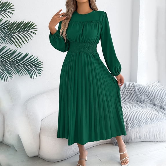 BRGZLK Ruffle Maxi Dress for Women Casual Fashion Solid Color Round Neck Shirred Waist-Cinching Pleated A Line Flowy Sundress Business Casual Modest Long Sleeve Dresses Green L