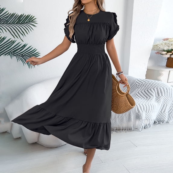 BRGZLK Ruffle Maxi Dress for Women Summer Holiday Short Flutter Sleeve Round Neck Smocked Waist Lightweight Flowy Modest Maxi Dress Black S