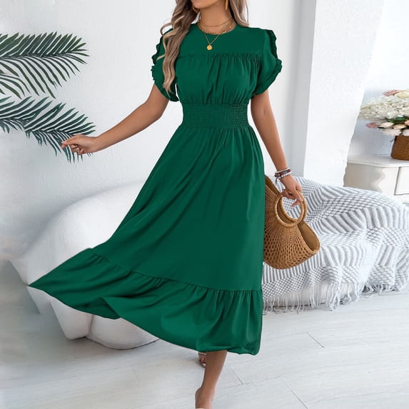 BRGZLK Ruffle Maxi Dress for Women Summer Holiday Short Flutter Sleeve Round Neck Smocked Waist Lightweight Flowy Modest Maxi Dress Green L