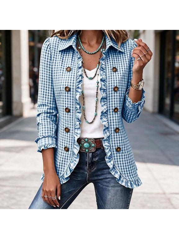 Ruffled Plaid Cardigan Jackets Womens Classic Long Sleeve Lapel Collared Flared Hem Button Decoration Blazer Coats Fall Winter Trendy Business Casual Outerwear Open Front Coat Blue 2XL