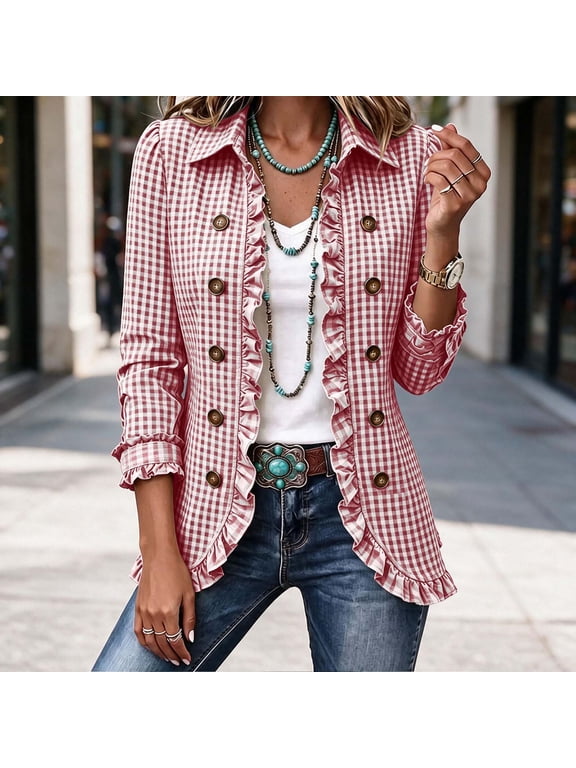 Ruffled Plaid Cardigan Jackets Womens Classic Long Sleeve Lapel Collared Flared Hem Button Decoration Blazer Coats Fall Winter Trendy Business Casual Outerwear Open Front Coat Hot Pink L