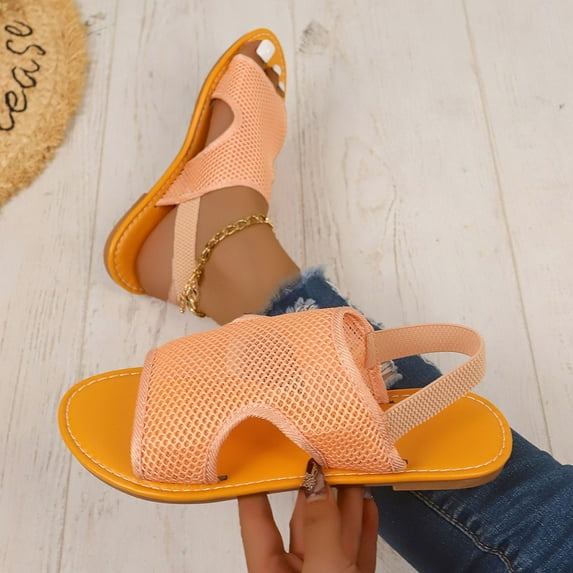 BRGZLK Sandals For Women 2025 Summer Fashion Casual New Large Size Mesh Breathable Flat Sandals Elastic Soft Bottom Breathable Shoes Orange 9.5