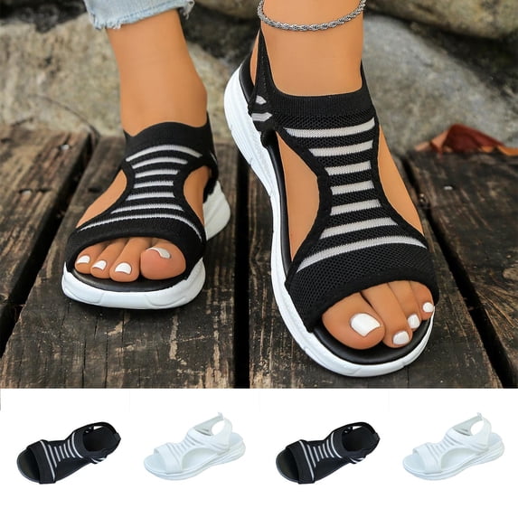 BRGZLK Sandals For Women Plus Size Shoes Versatile Casual Breathable Sports Knitted Thick Sole with Round Toe Open Toe Design Breathable For Summer Wear Wide Width Flat Shoes with Arch Support