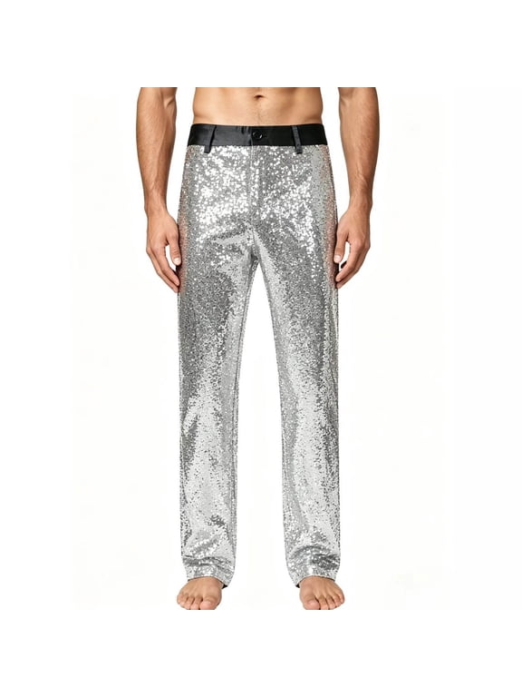 Sequins Pants for Men Trendy Button Closure Zip Fly Open Bottom Hip-Hop Shiny Straight Leg Trousers Party Disco Night Club Cosplay Halloween Costume Silver 2XL