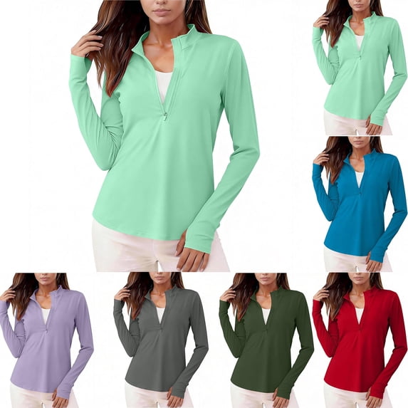 BRGZLK Shirts Long Sleeve Woman Solid Color 1/4 Zip Upf50+ Uv Sun Protection Quick Dry Workout Hiking Athletic Shirts Rash Guard