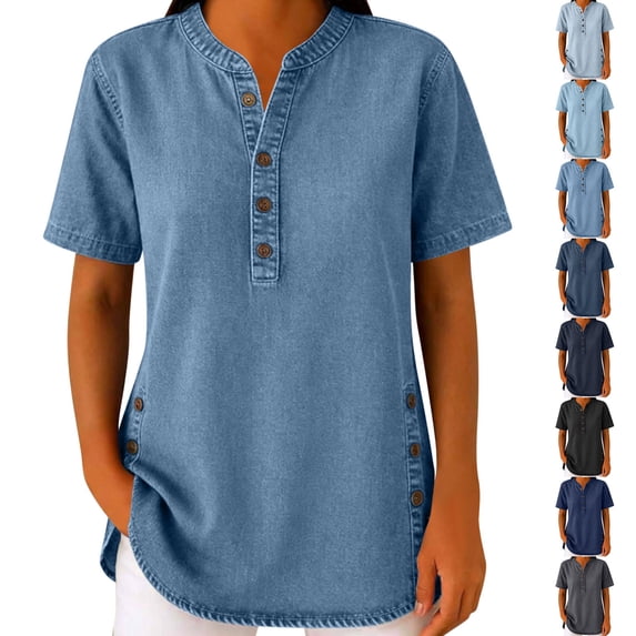 BRGZLK Short Sleeve Shirt For Women Stand Collar Button Henley Casual Denim Loose Fit Breathable Comfortable Active Summer Commute Weekend