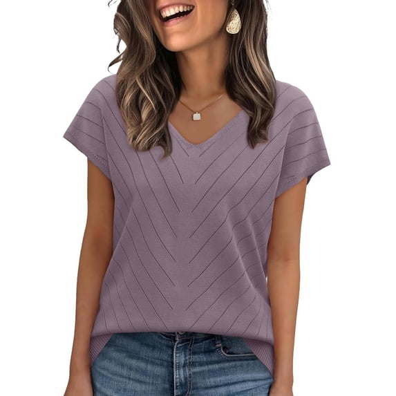 BRGZLK Short Sleeve Sweater For Women V Neck Trendy Summer Solid Color Knitted Hollow Loose Tops 2026 Beach Vacation Clothes Travel Business Casual