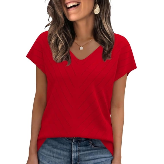 BRGZLK Short Sleeve Sweater For Women V Neck Trendy Summer Solid Color Knitted Hollow Loose Tops 2026 Beach Vacation Clothes Travel Business Casual