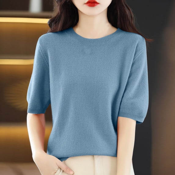 BRGZLK Short Sleeve Sweater Tops for Women Solid Color Base Layer Shirt Round Neck Lightweight Relaxed Fit Business Casual Tops Blue L