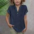 thumbnail image 1 of BRGZLK Short Sleeve T-Shirt for Girls 2025 Summer Fashion Solid Cotton Linen Shirts Loose V-Neck Breathable Blouse Top Navy 13-14 Years, 1 of 6