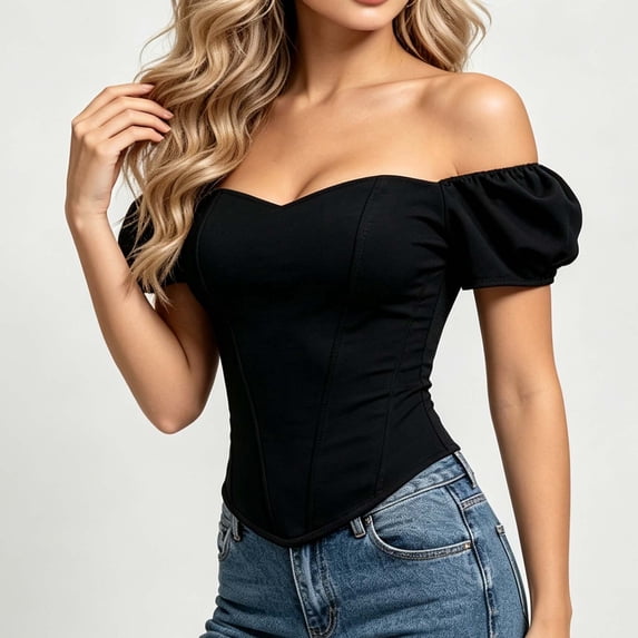 BRGZLK Off the Shoulder Corset Tops for Women Elegant Puff Sleeve Square Neck Overbust Bustier Y2k Renaissance Halloween Costume Night Out Crop Shapewear Black XS