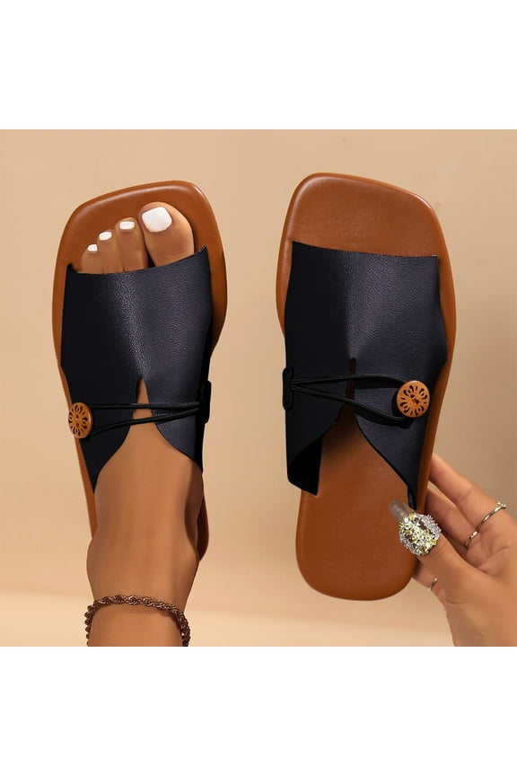 Slippers For Women Outdoor Summer Fashionable New Toe V-Neck Flat Outer Wear One-Line Button Strap Beach Sandals Black 6
