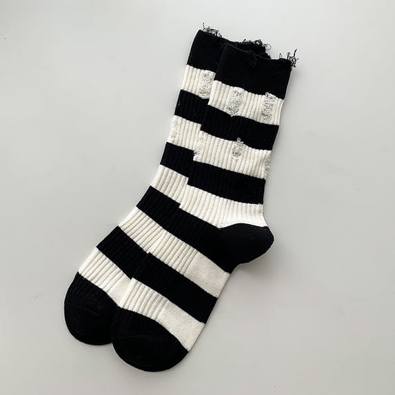 BRGZLK Socks for Womens Striped Hole Crew Beggar Socks Cotton Cozy Casual Socks for Women Color Block Athletic Fashion Comfort Socks Black One Size