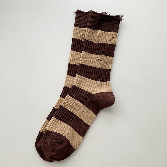 BRGZLK Socks for Womens Striped Hole Crew Beggar Socks Cotton Cozy Casual Socks for Women Color Block Athletic Fashion Comfort Socks Brown One Size