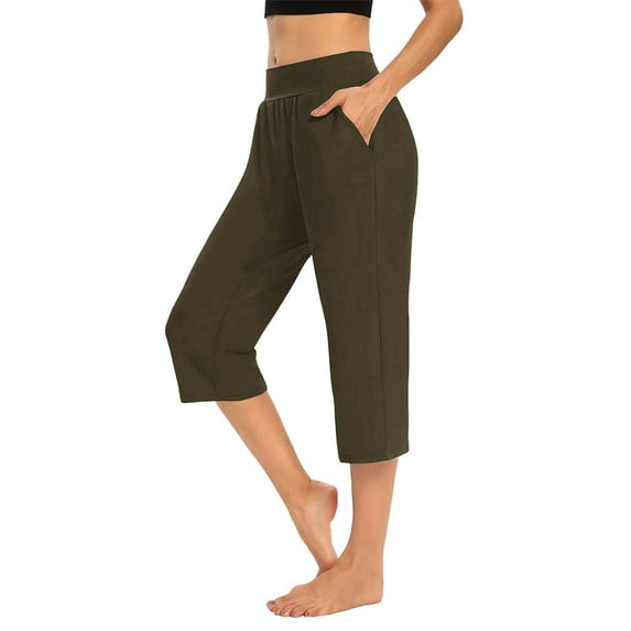 BRGZLK Solid Color Seven Points Pants for Womens Casual Loose Elastic Waist Stretchy Sports Pants with Pocket for Spring Summer 2026 Army Green XXL