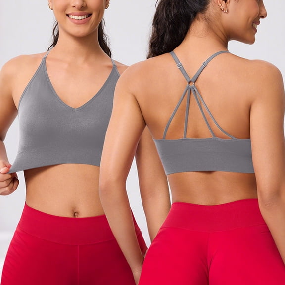 BRGZLK Sport Bra for Women Strappy V Neck Solid Color Seamless Wireless Supportive Racerback Criss Cross Bra Lightweight Yoga Backless Cut-Out Everyday Bra Dark Gray XXL