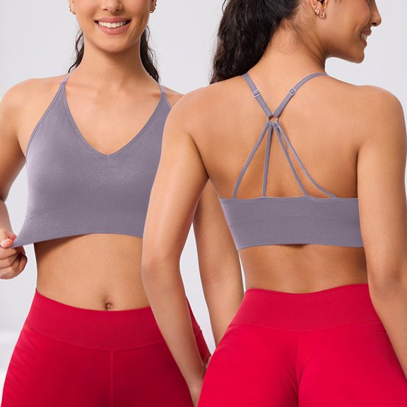 BRGZLK Sport Bra for Women Strappy V Neck Solid Color Seamless Wireless Supportive Racerback Criss Cross Bra Lightweight Yoga Backless Cut-Out Everyday Bra Purple M