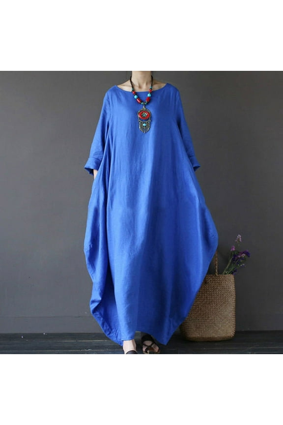 Spring Dresses for Women 2026 Summer Casual Loose Lightweight Breathable Comfortable Round Neck Solid Color Long Sleeve Linen Long Maxi Dresses/Caftan Blue XXL